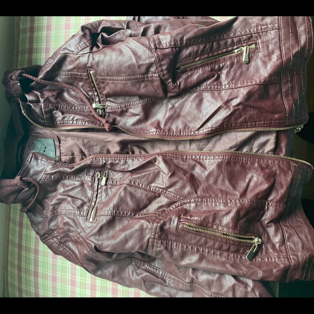 Red leather jacket with hood
